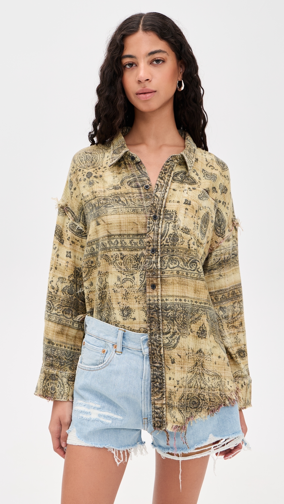 Shredded Seam Drop Neck Shirt Khaki Bandana Black Overprint