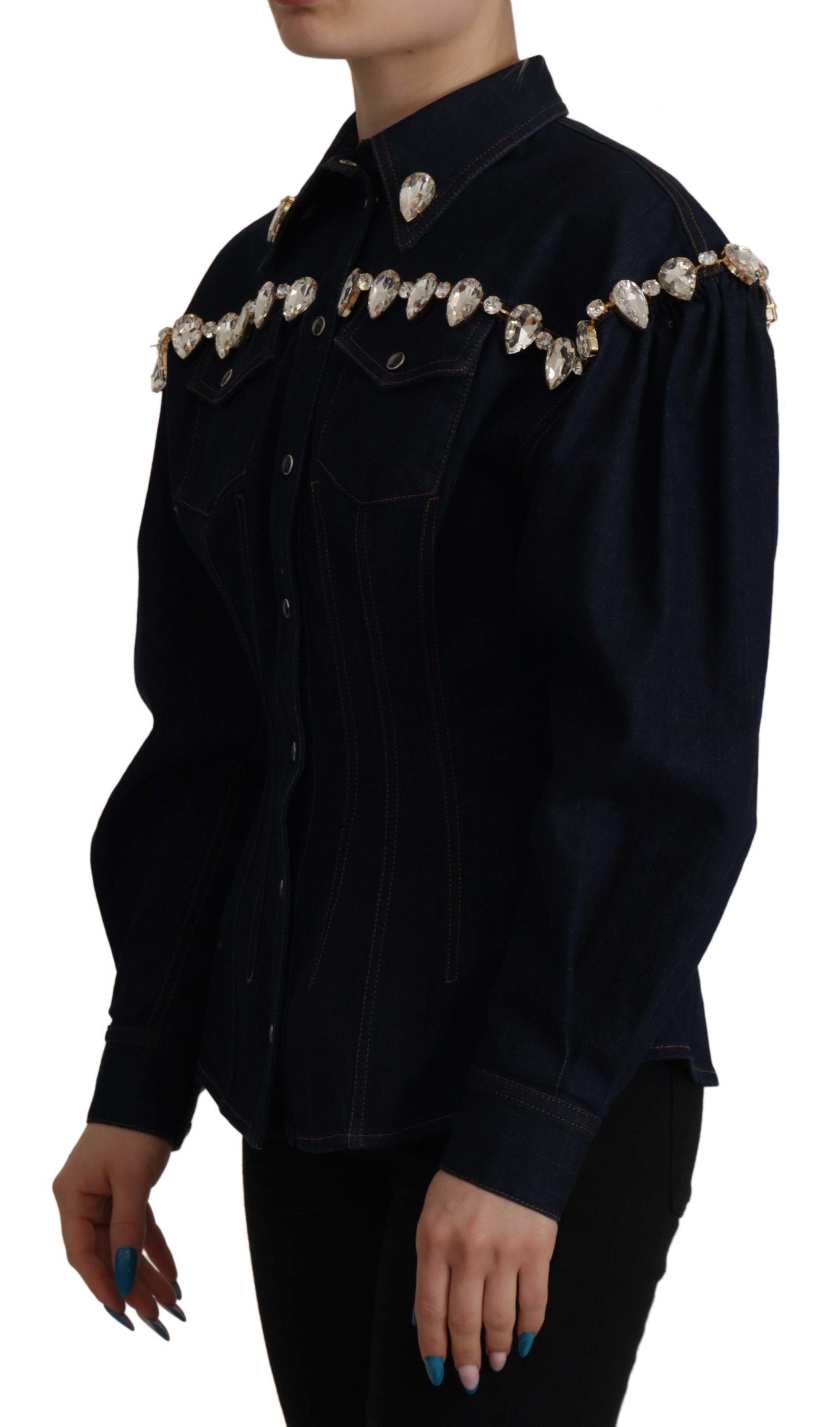 Crystal-Embellished Denim Jacket — Navy
