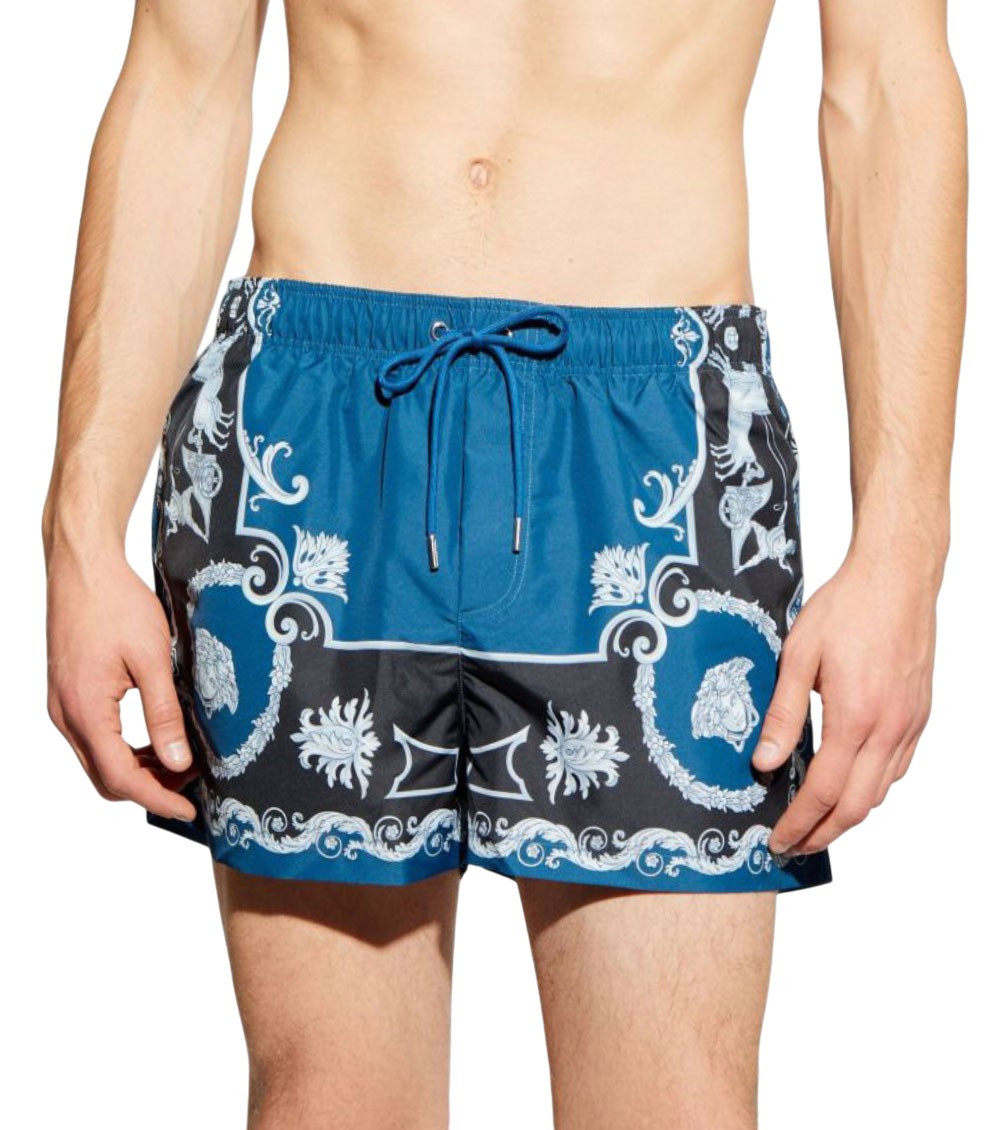 Blue Swimsuit With All-Over Geometric Print In Tech Fabric Man