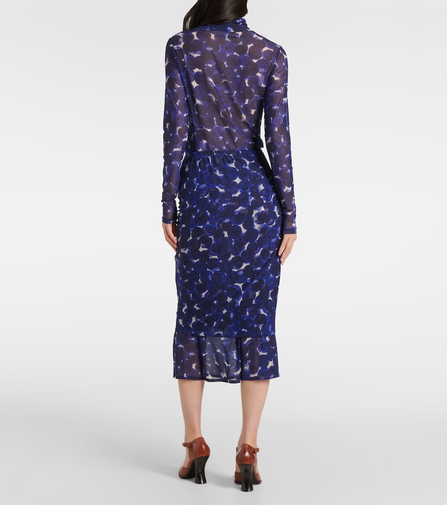 Printed gathered jersey midi skirt