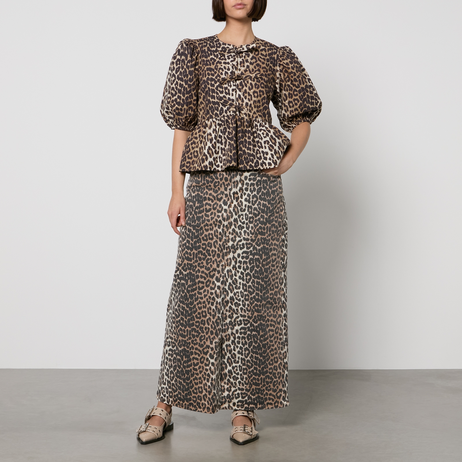 Ganni Leopard-Print Organic Cotton-Poplin Peplum Blouse - EU 36/UK 8