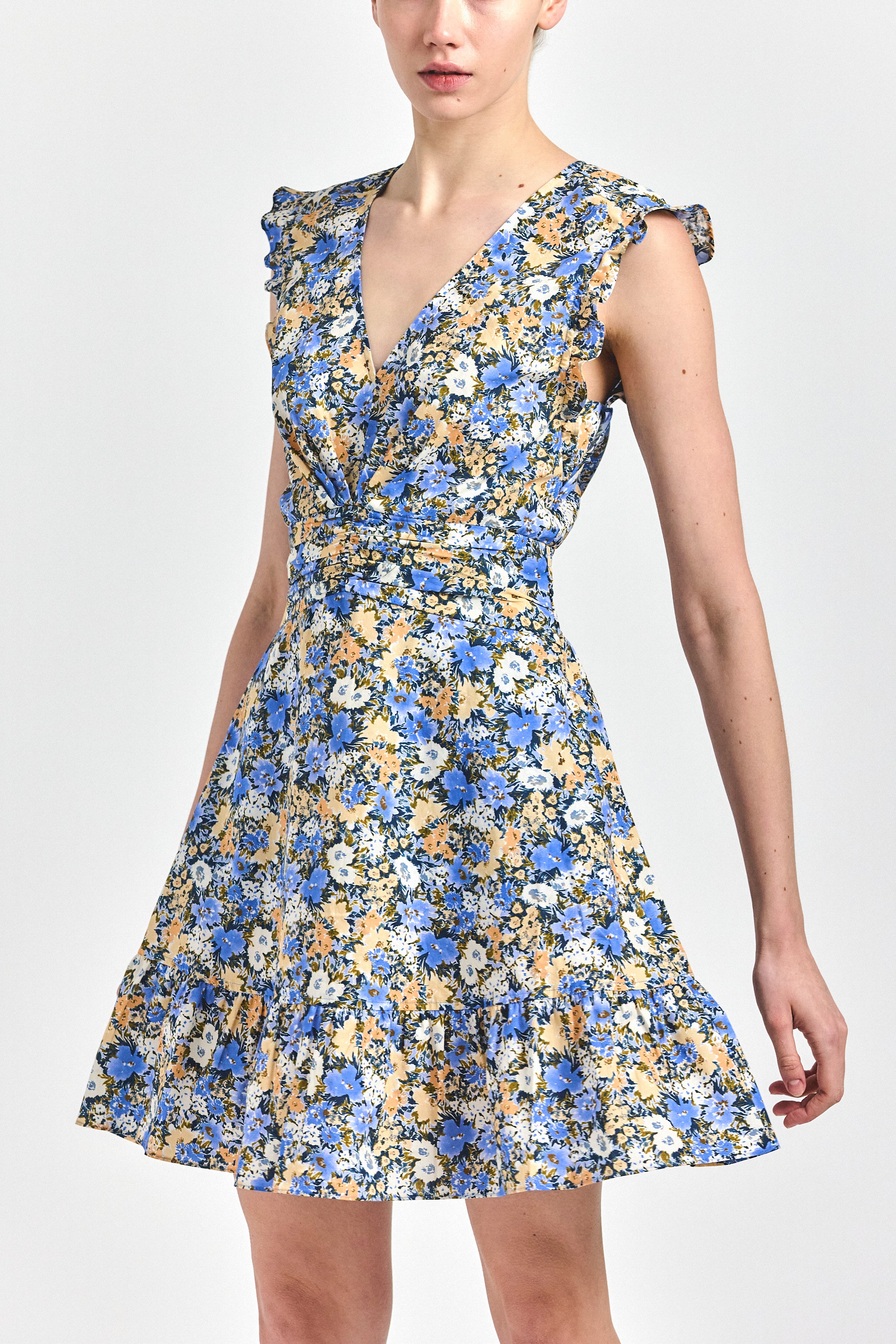 Kris Sleeveless Mini Dress - Blue Tan Bloom