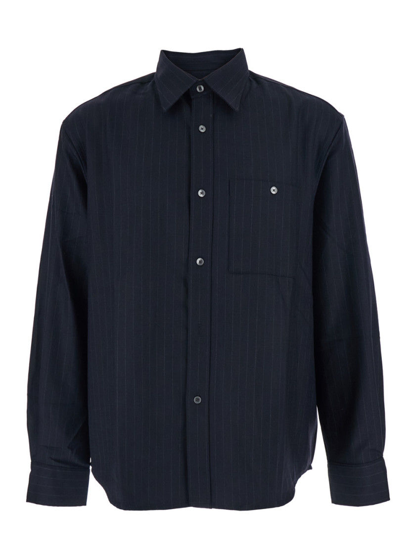 Blue Pinstriped Shirt With Pointed Collar In Wool Blend Man