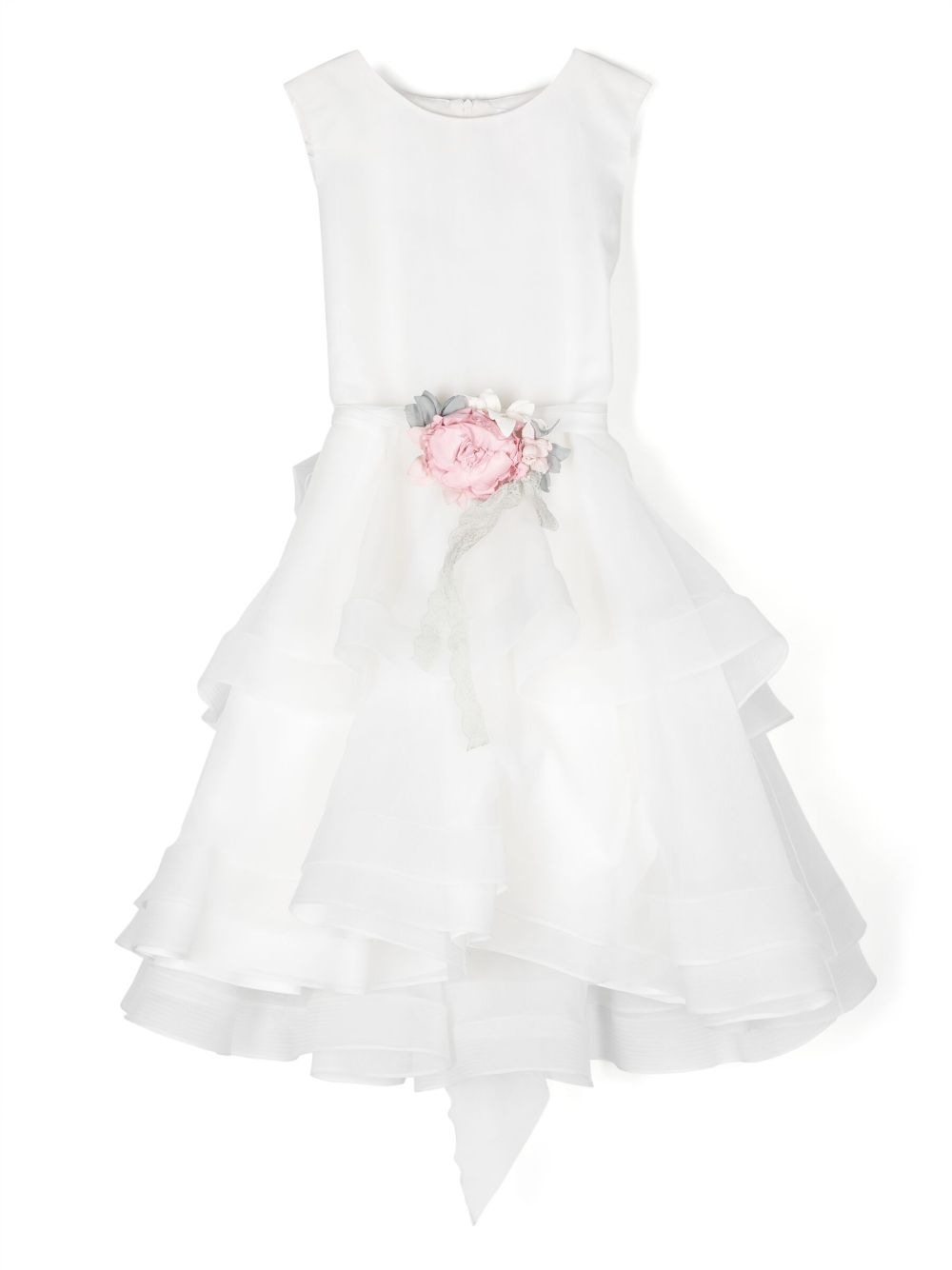 Floral-appliqué sleeveless tulle dress - White