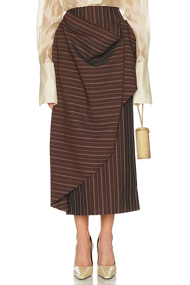 Helsa Stripe Twill Blanket Skirt in Dark Brown Stripe. L also in M, S, XL