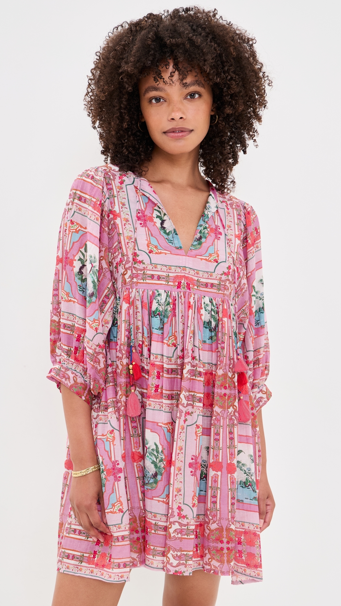 Sylvie Mini Tunic Dress Pink Bird Print