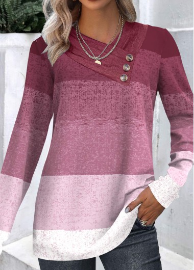Modlily Dark Reddish Purple Button Ombre Long Sleeve Sweatshirt
