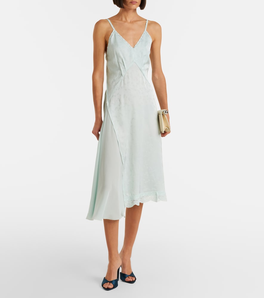 Asymmetric lace-trimmed jacquard slip dress
