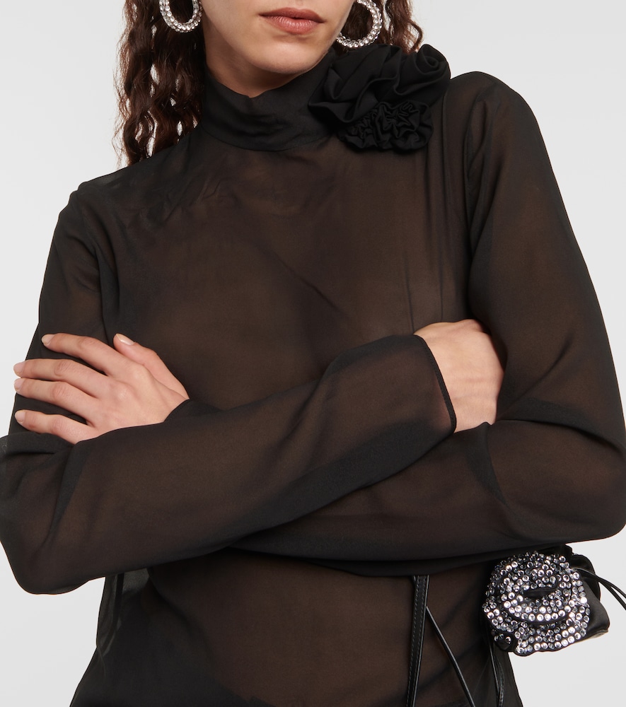 Floral-appliqué sheer silk blouse