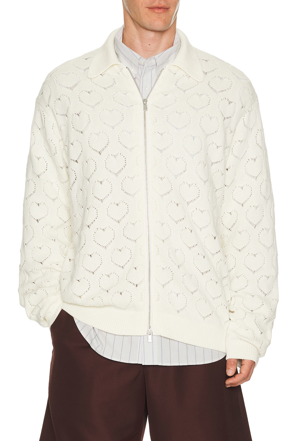 Vowels Eyelet Knitted Zip Up in Cream - White. 1 also