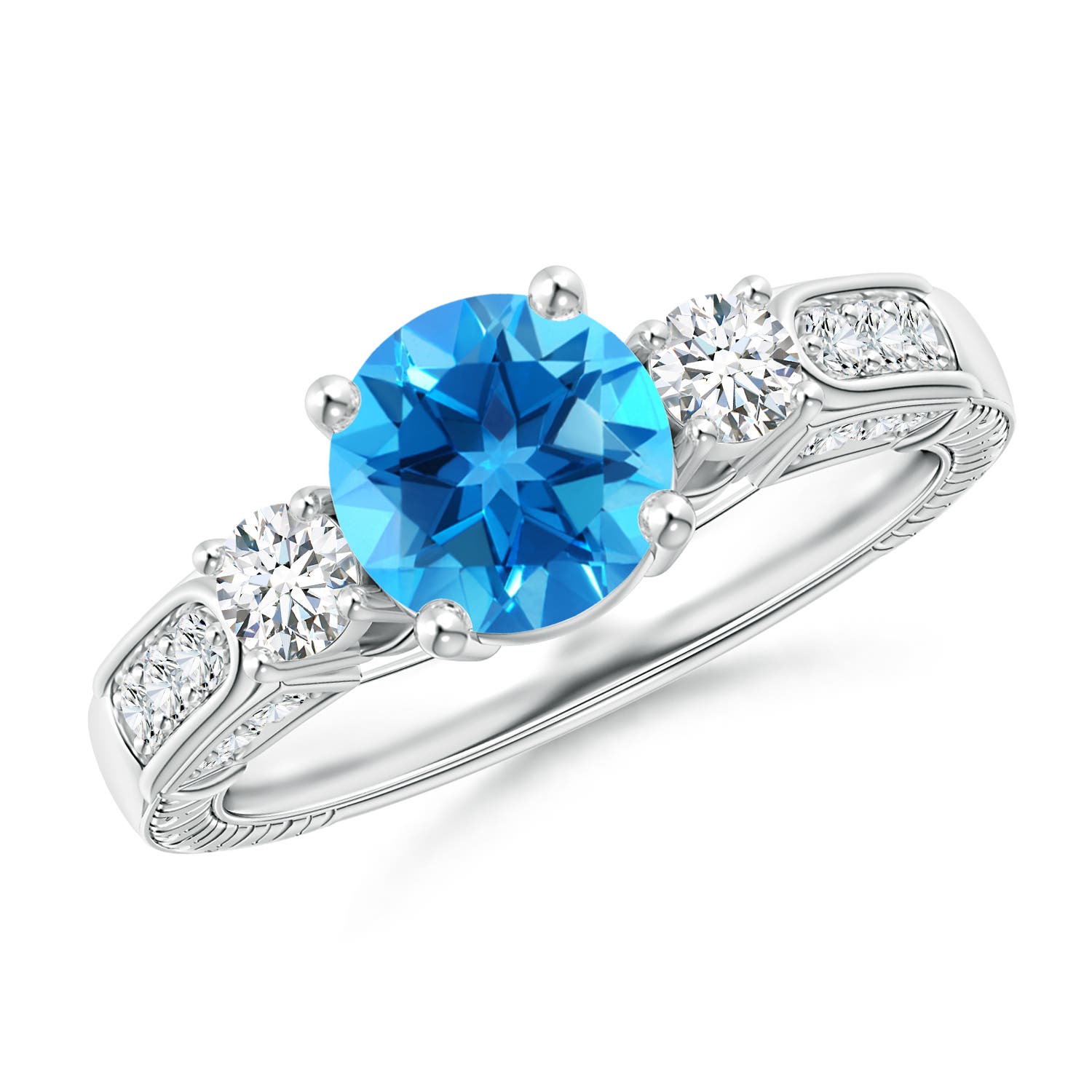 Angara 1.55 Carats Three Stone Round Swiss Blue Topaz and Diamond Ring in Platinum