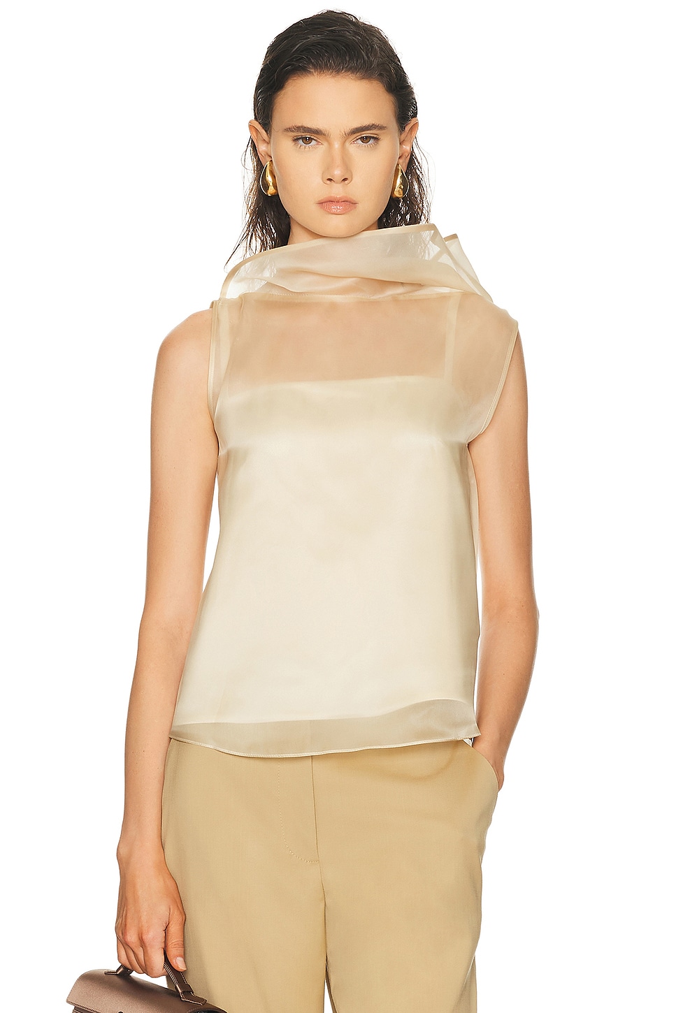 SEV High Neck Organza and Satin Lining Colum Top in Nude