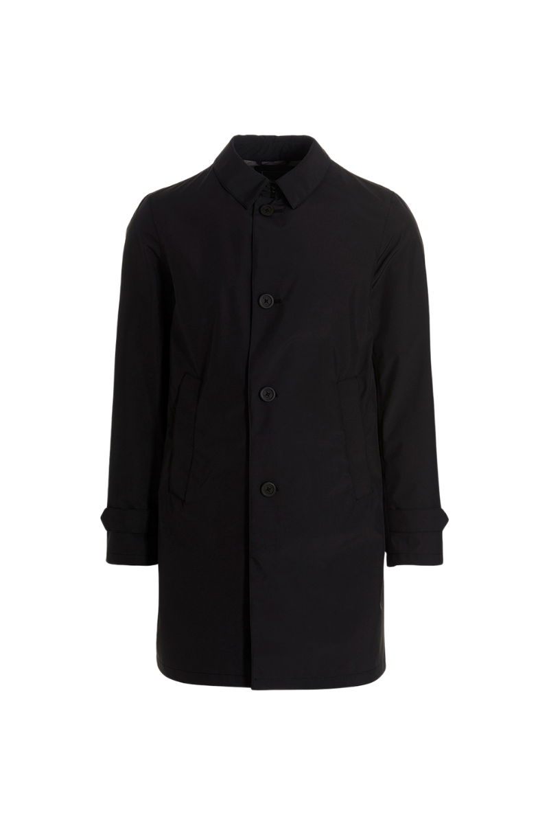 Button-Front Polyester Coat — Black