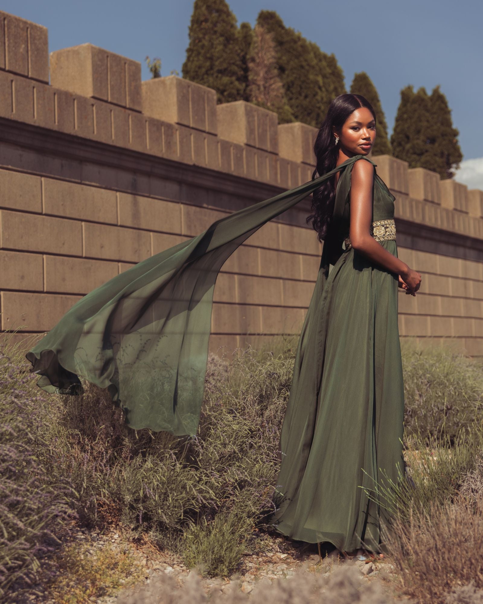 Olive Cowl Chiffon Gown With Embellished Waist