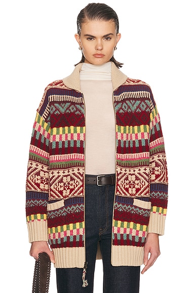 Polo Ralph Lauren Cotton Wool Cardigan in Brick Multi - Cream,Red. L also in