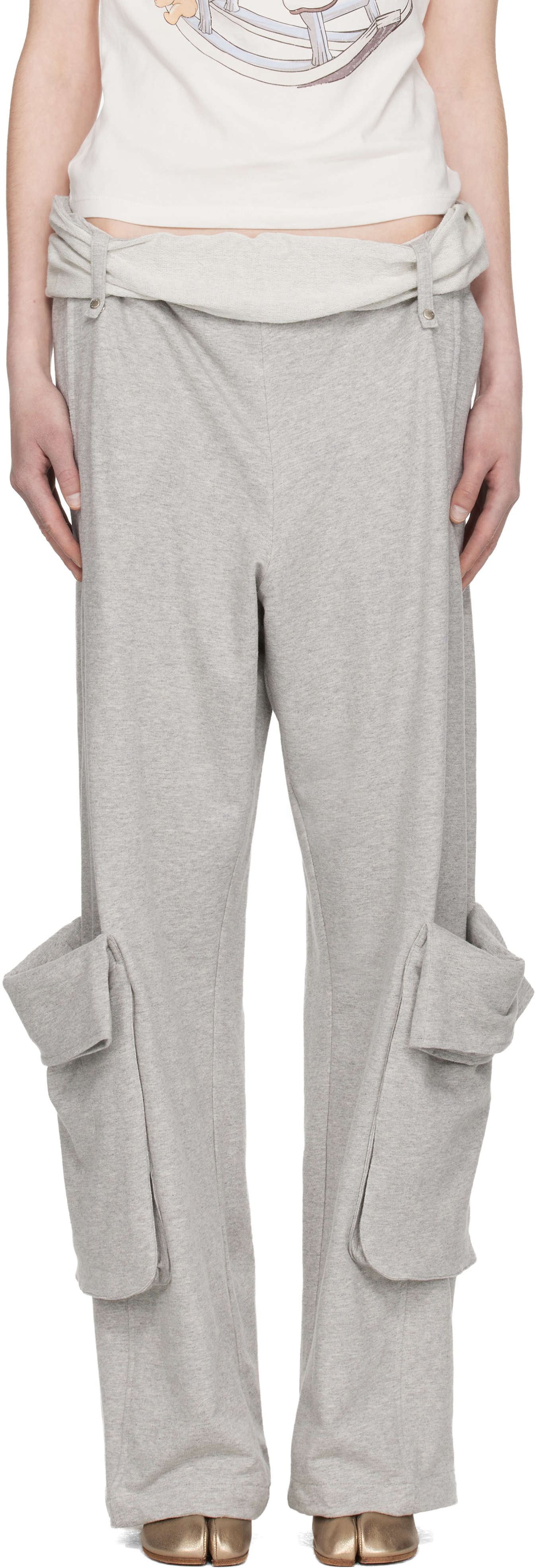 Gray Rolled Waist Sweat Cargo Pants
