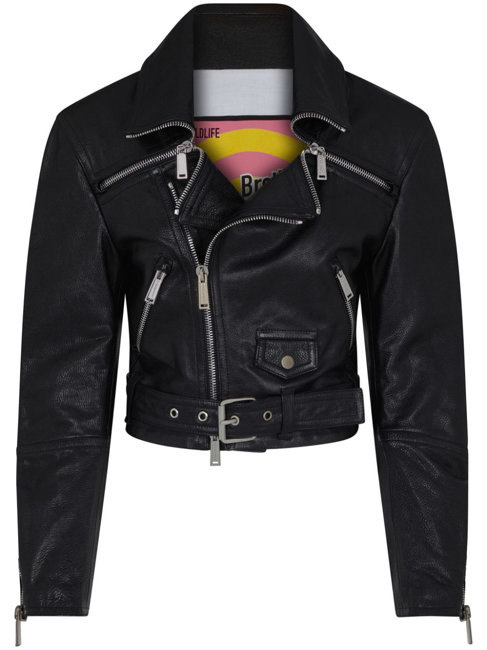 Cropped leather biker jacket - Black