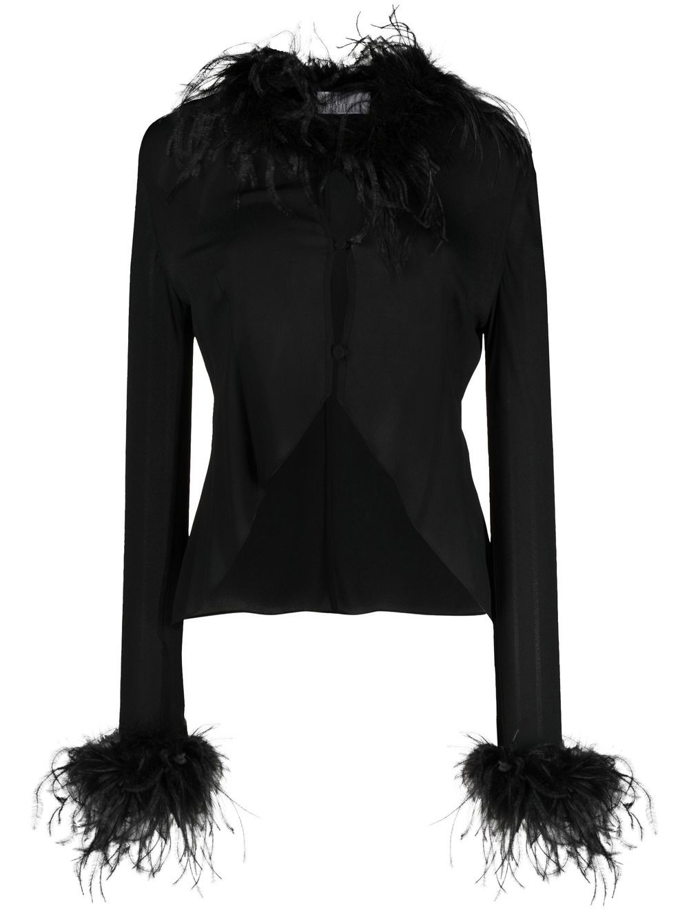 Feather-trimmed long-sleeved blouse - Black