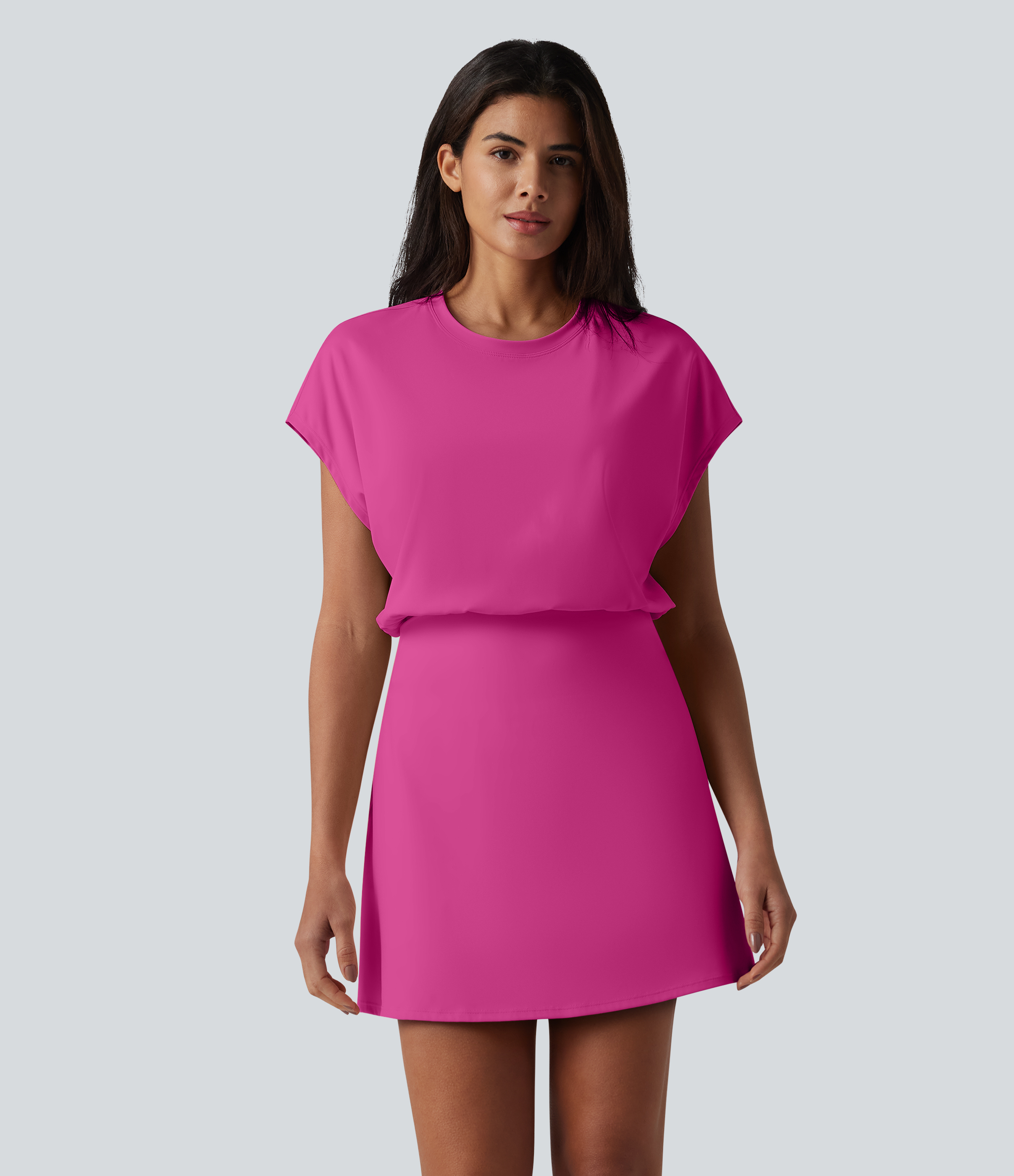 SoftlyZero™ Airy Round Neck Short Sleeve 2-in-1 Cool Touch Mini Yoga Active Dress with Pockets-Easy Peezy Edition Workout Dress - Fuchsia Fedora