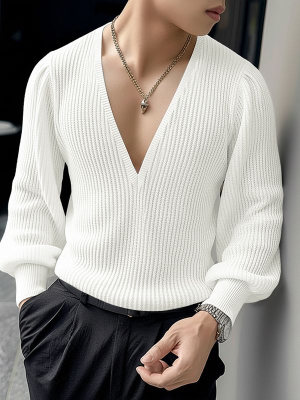 Men's Solid Color Textured V Neck Long Sleeve T-shirt SKUL48715 - White / S