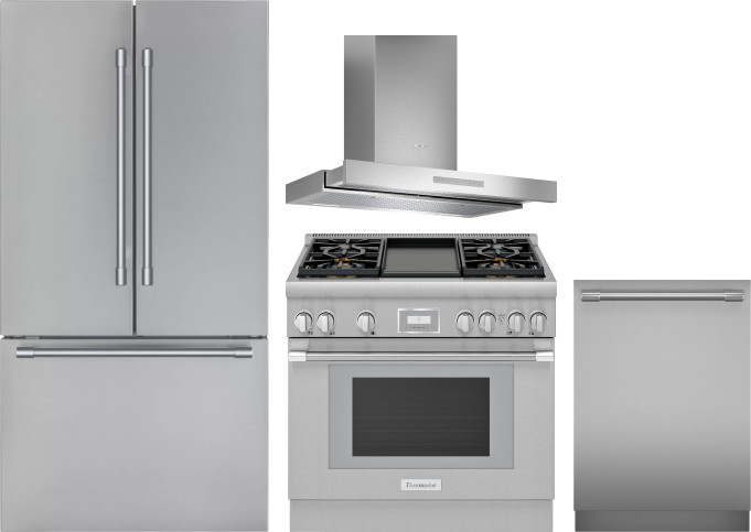 Thermador 4 Piece Kitchen Appliances Package with French Door Refrigerator, Gas Range and Dishwasher in Stainless Steel THRERADWRH1346