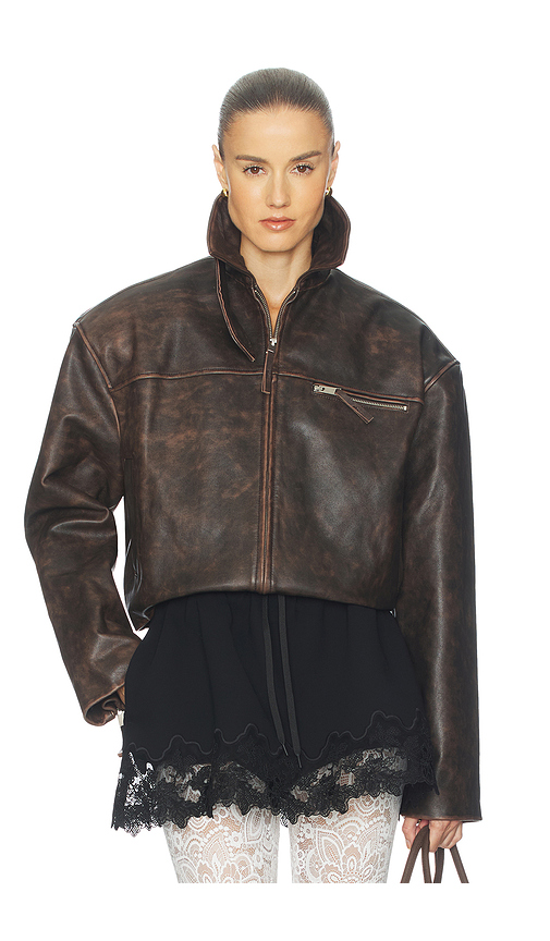 Helsa The Leather Oversized Moto Jacket in Brown Distressed - Brown. M also in XS, XXS, S