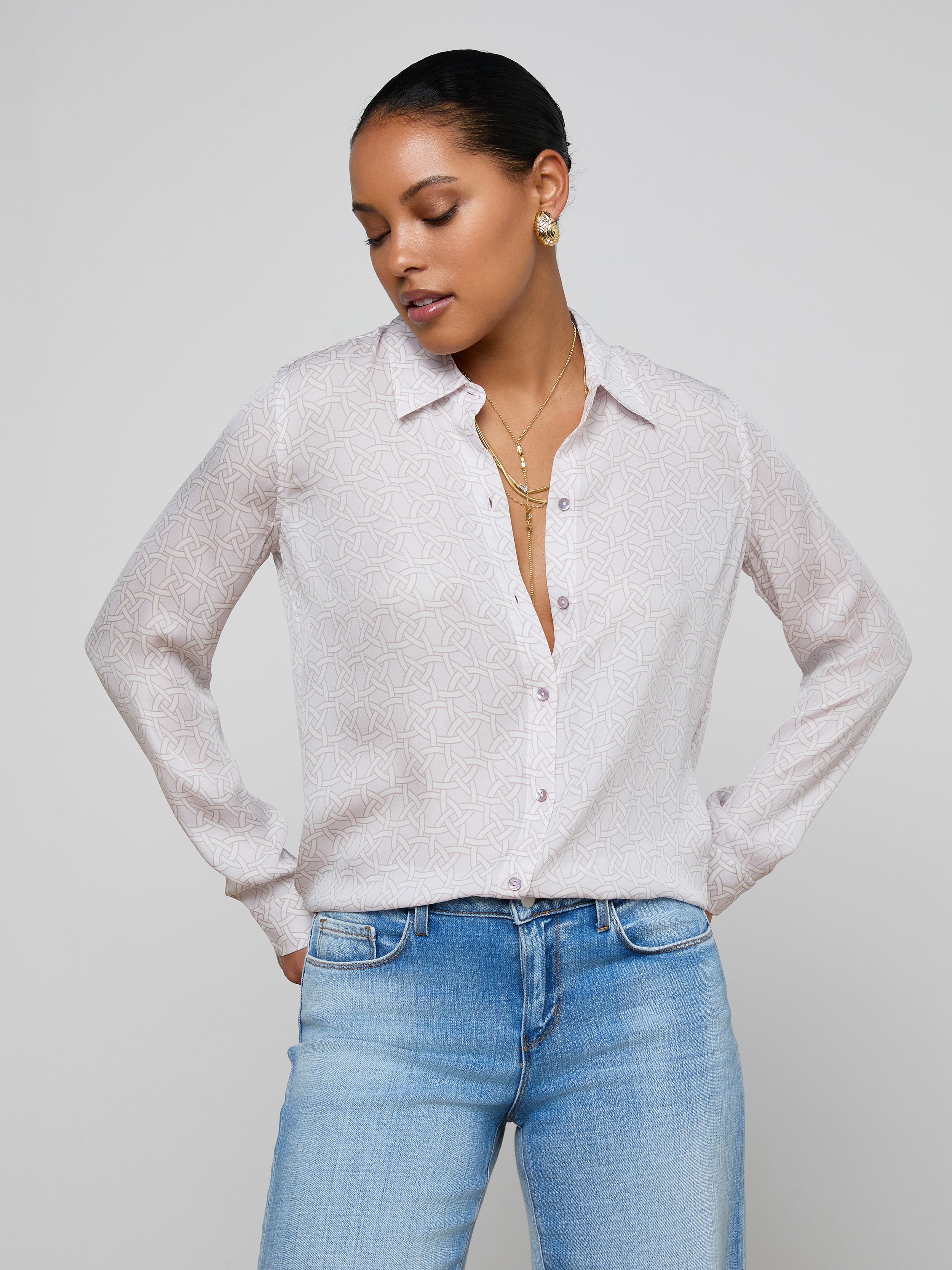 Nina Silk Blouse Top In Icy Lilac Linked Geo