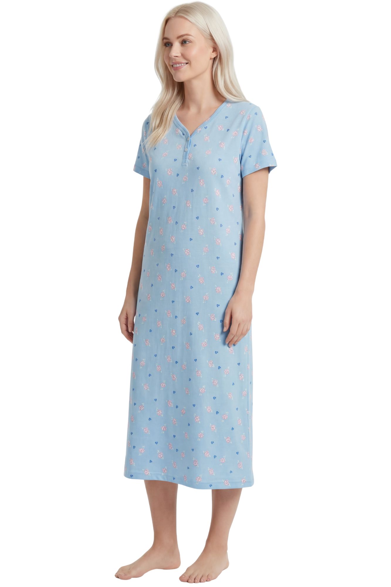 Camille Women's 100% Cotton Classic Full Length Short Sleeved Nightdress in Pale Blue
