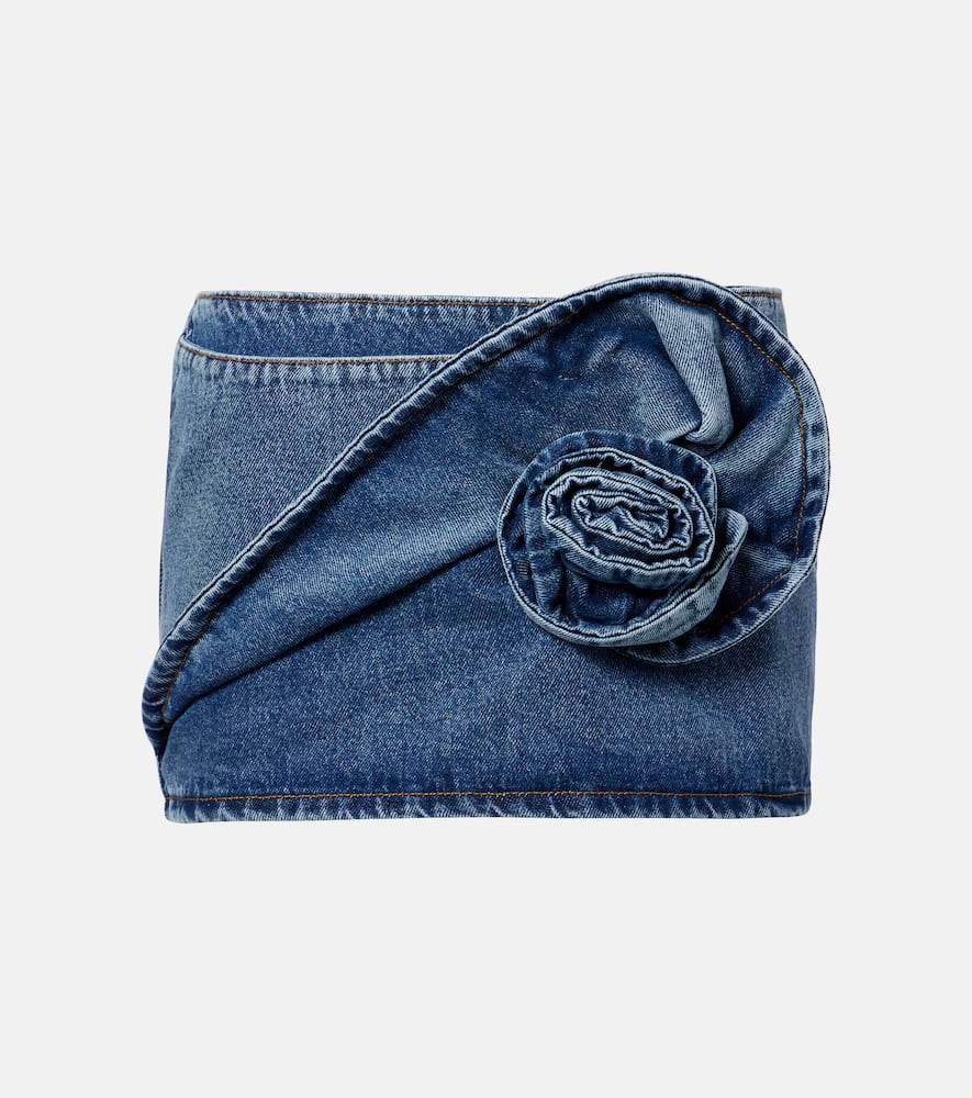 Floral-appliqué denim miniskirt