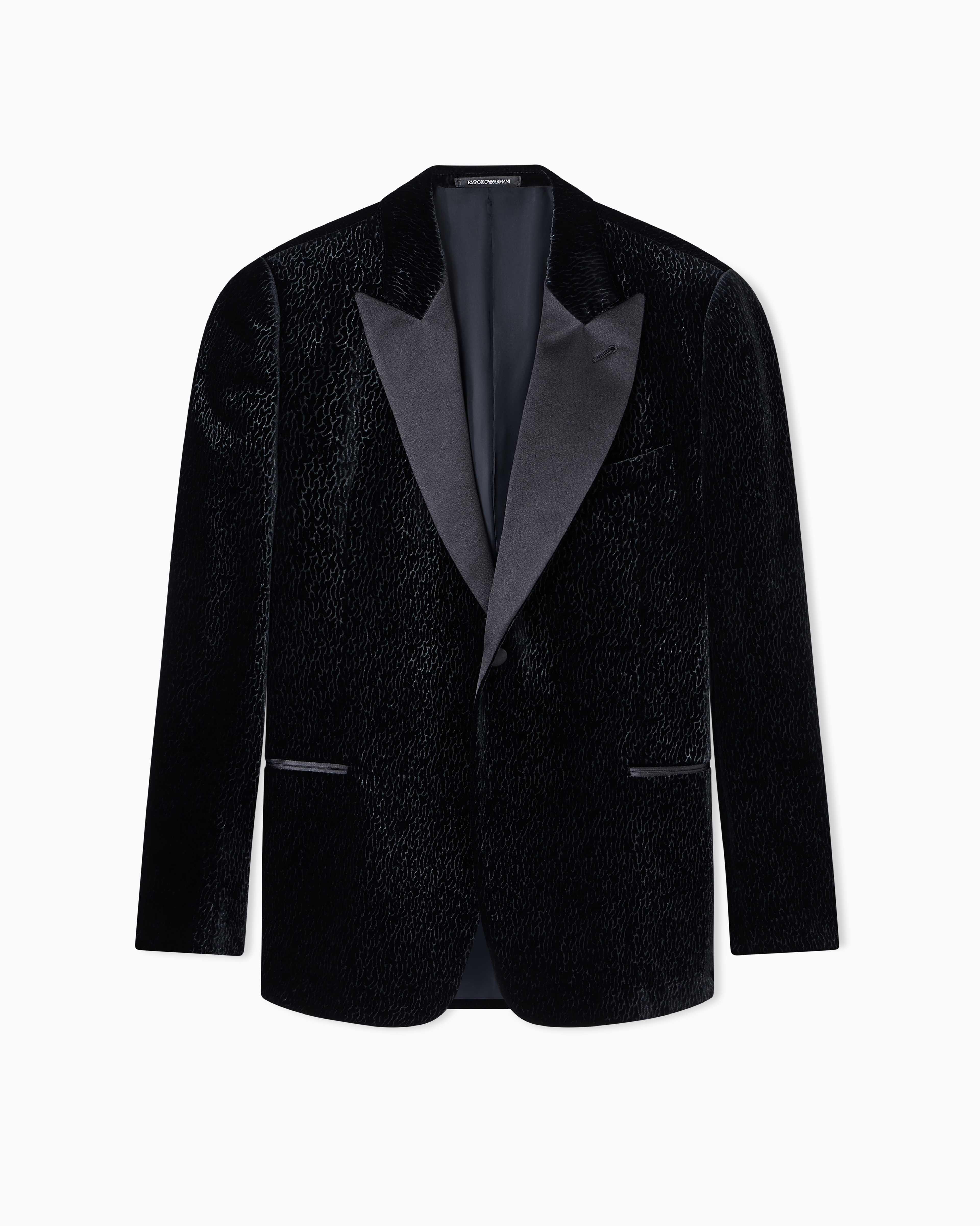 Velvet tuxedo jacket with all-over printed motif