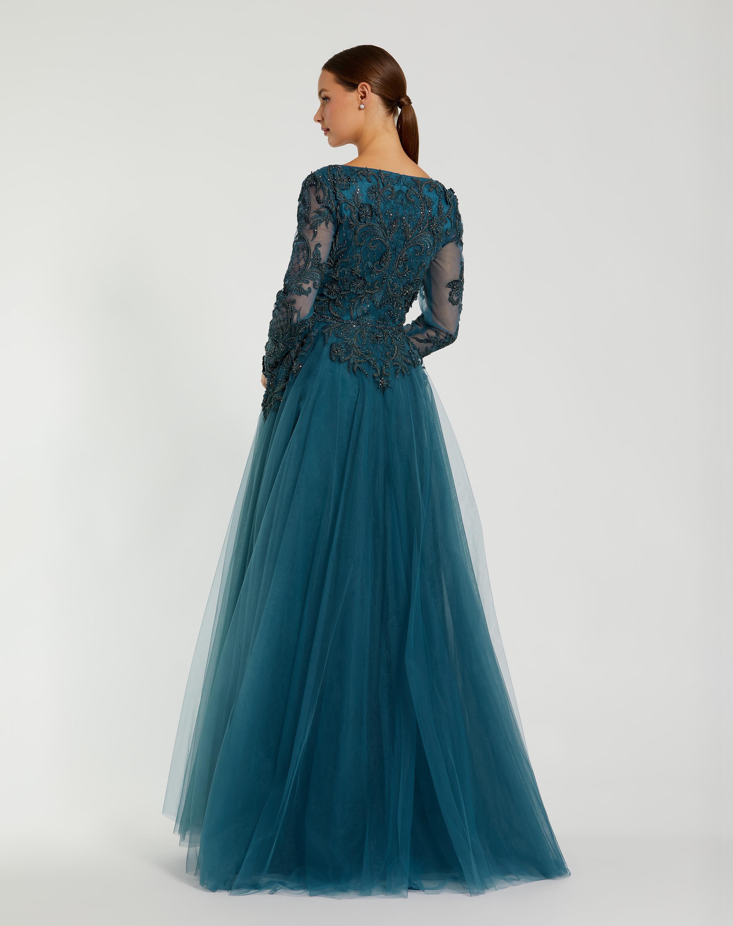 Long Sleeve Embellished Tulle Wedding Guest Maxi Gown In Teal