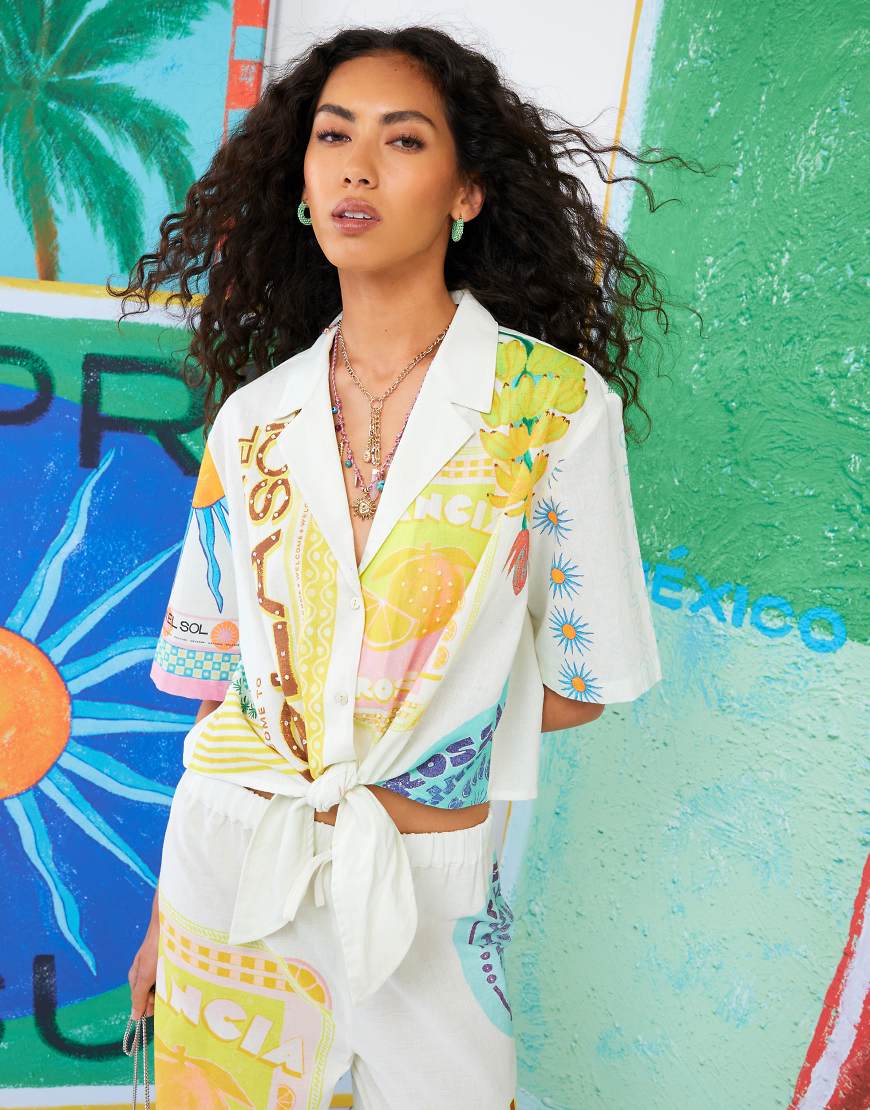 ATLAS tie front graphic printed shirt in cream-White
