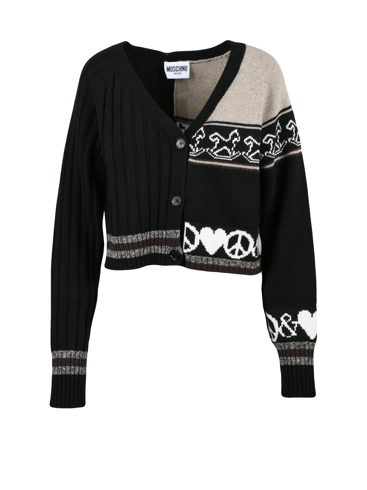 Black-Beige Wool-Blend Short Cardigan