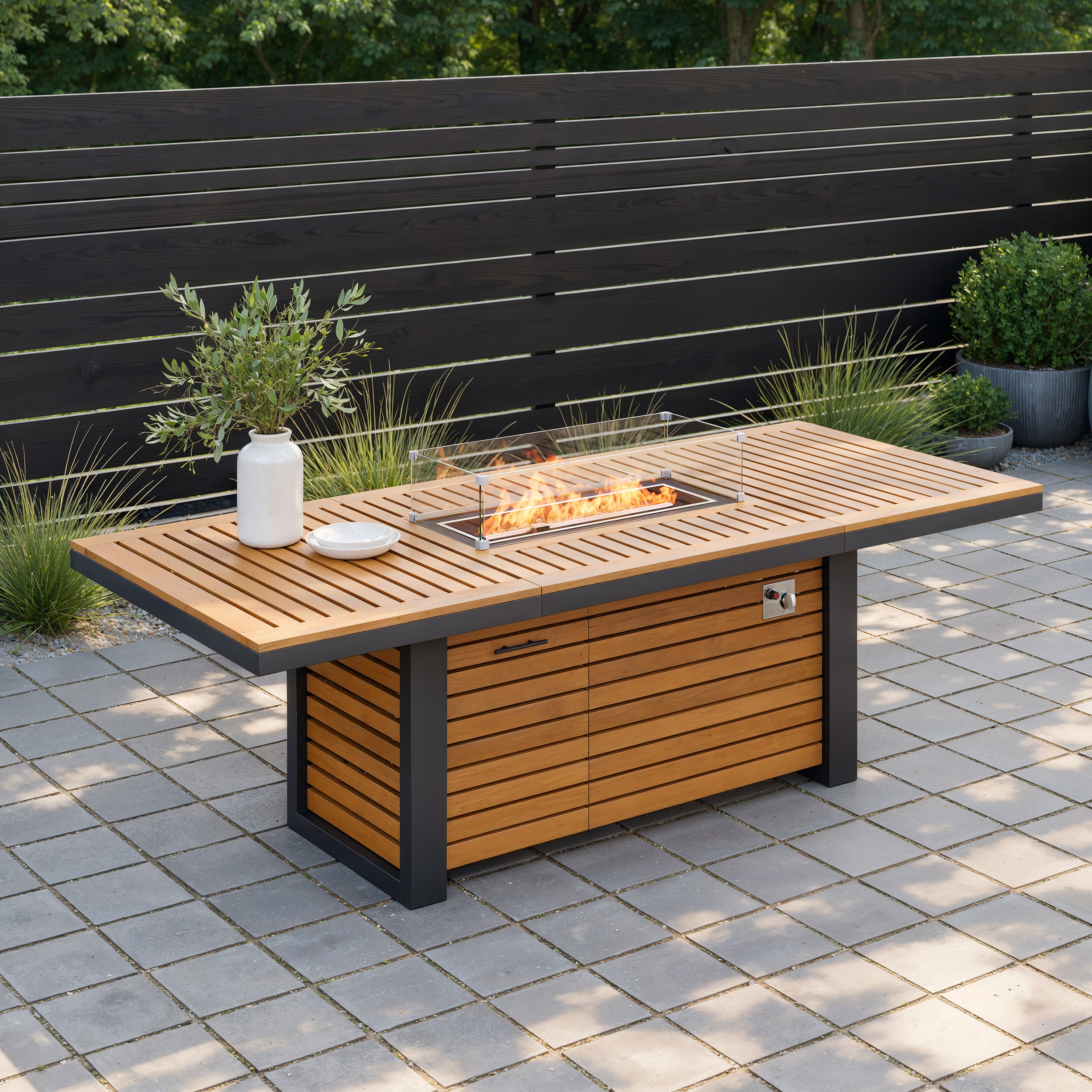 Axis 94.5" Outdoor Propane Fire Pit Dining Table with Hidden Tank & Wind Shield