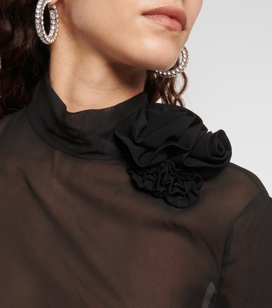 Floral-appliqué sheer silk blouse