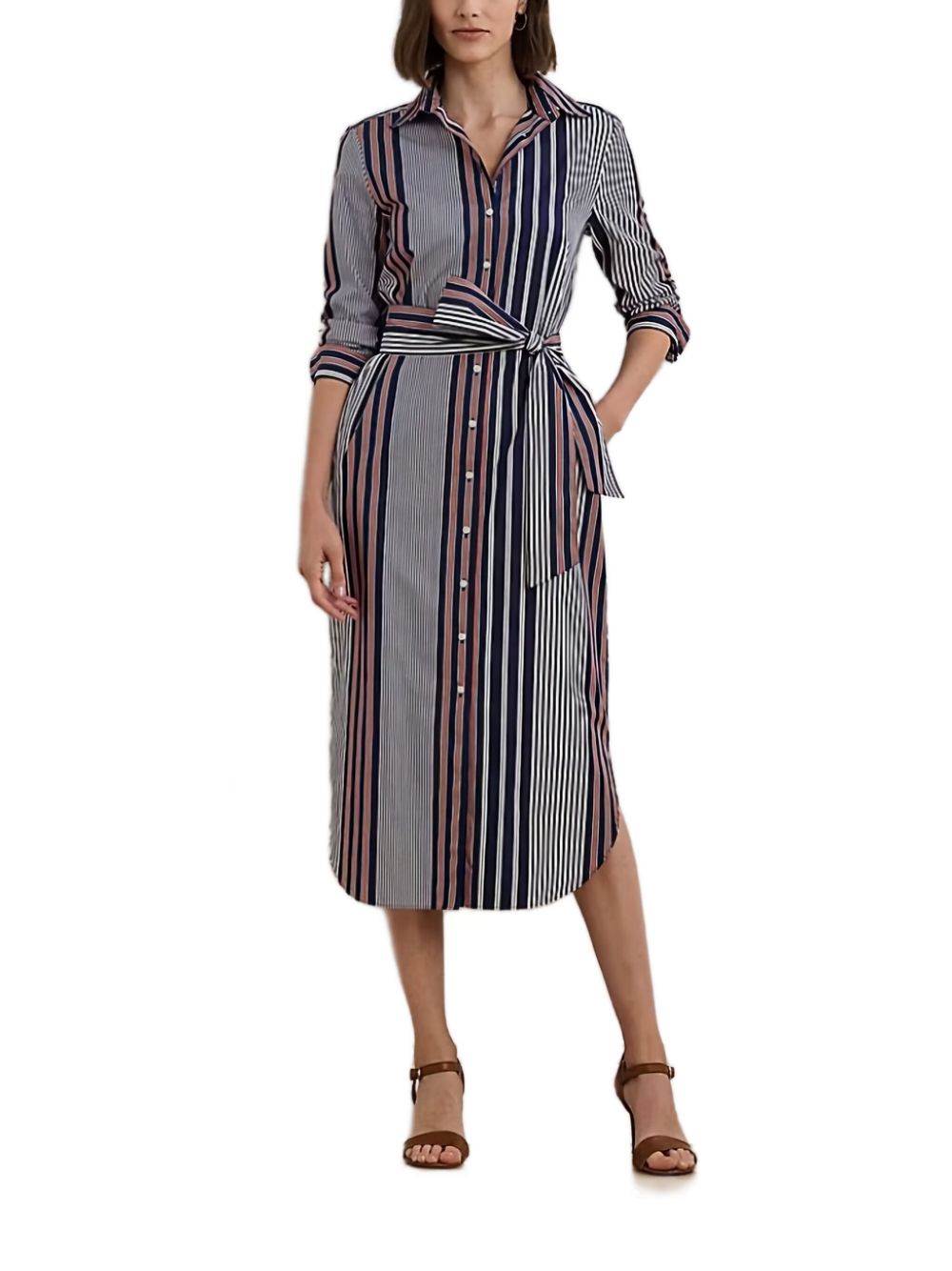 Striped belted midi dress - Blue