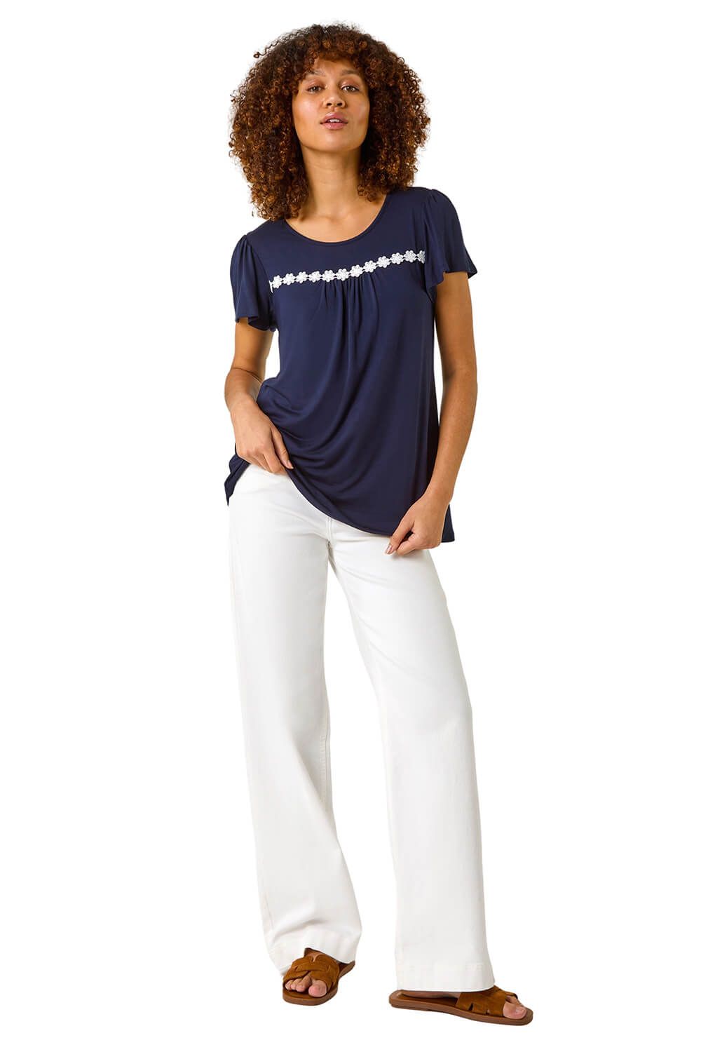 Roman Women's Daisy Applique Stretch Top in Navy