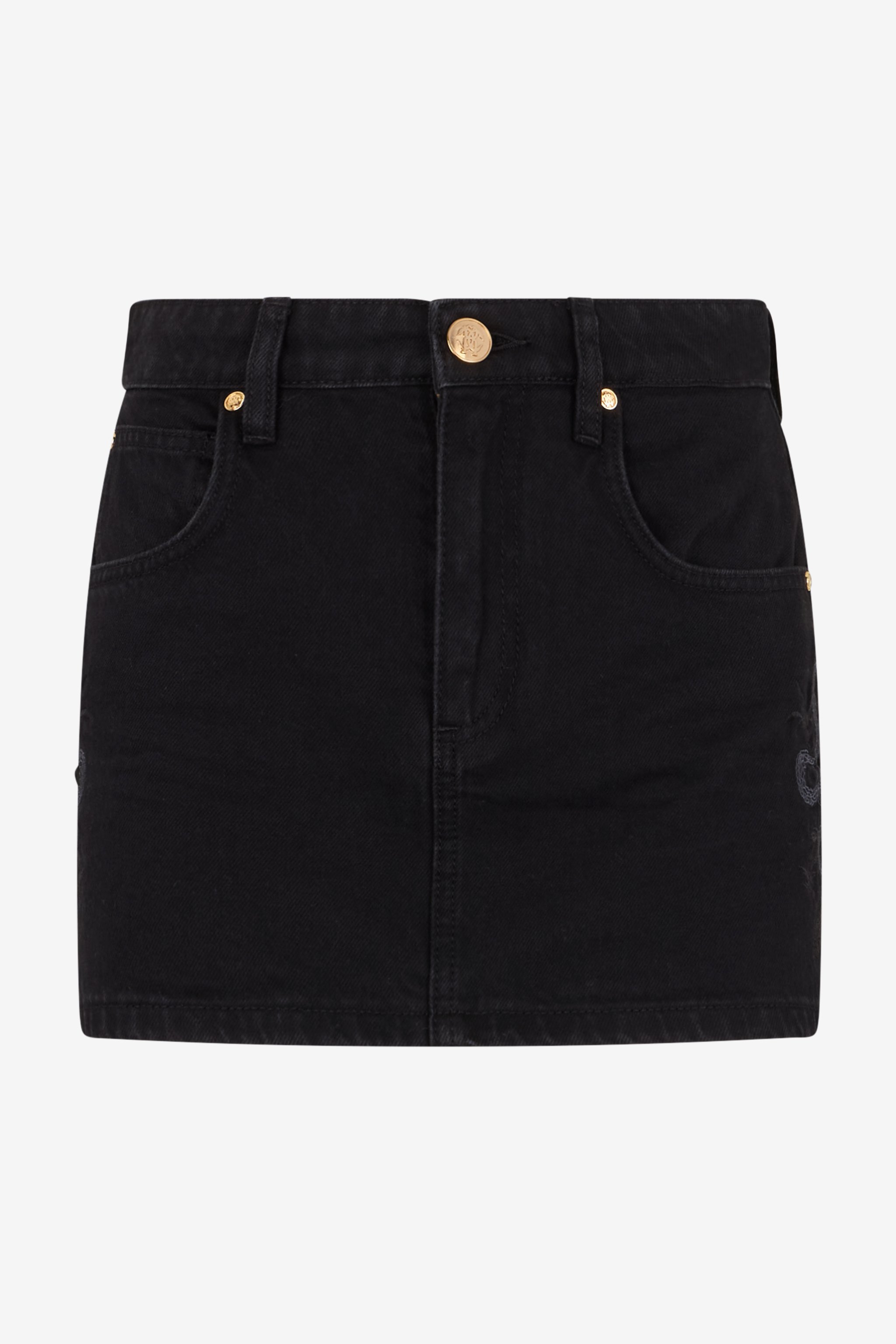 Black Denim Mini Skirt With Snake Embroidery