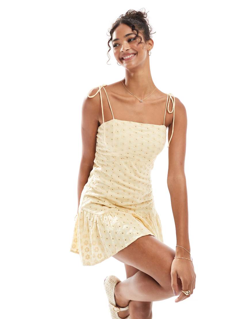 Dasiy Street dropped waist seamed mini dress with tie straps in buttermilk-Yellow