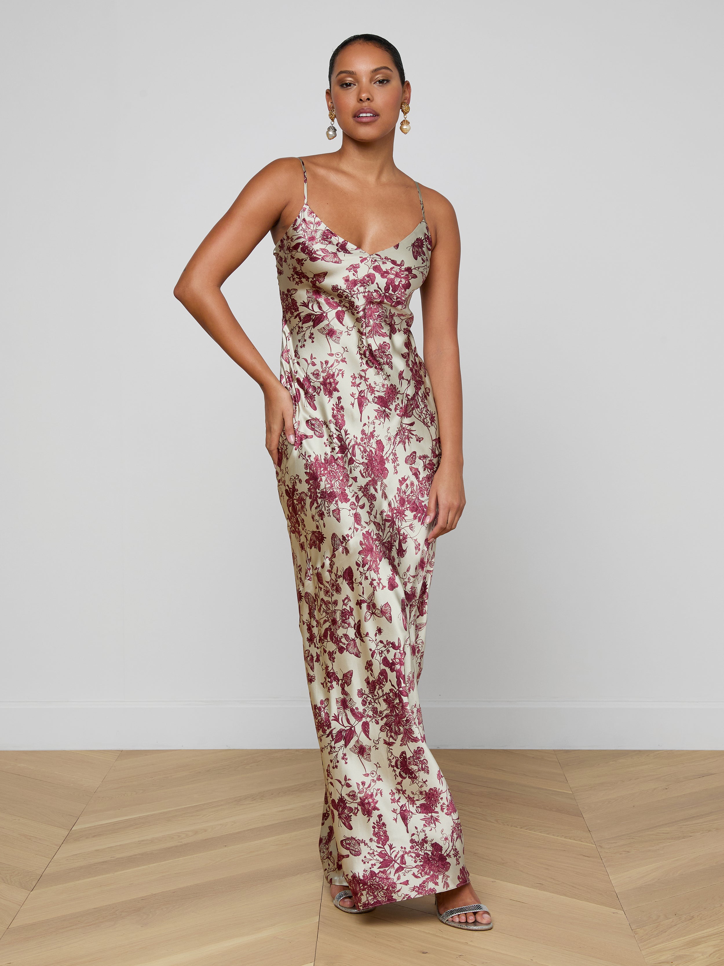 Serita Silk Gown In Tan/truffle Butterfly Toile