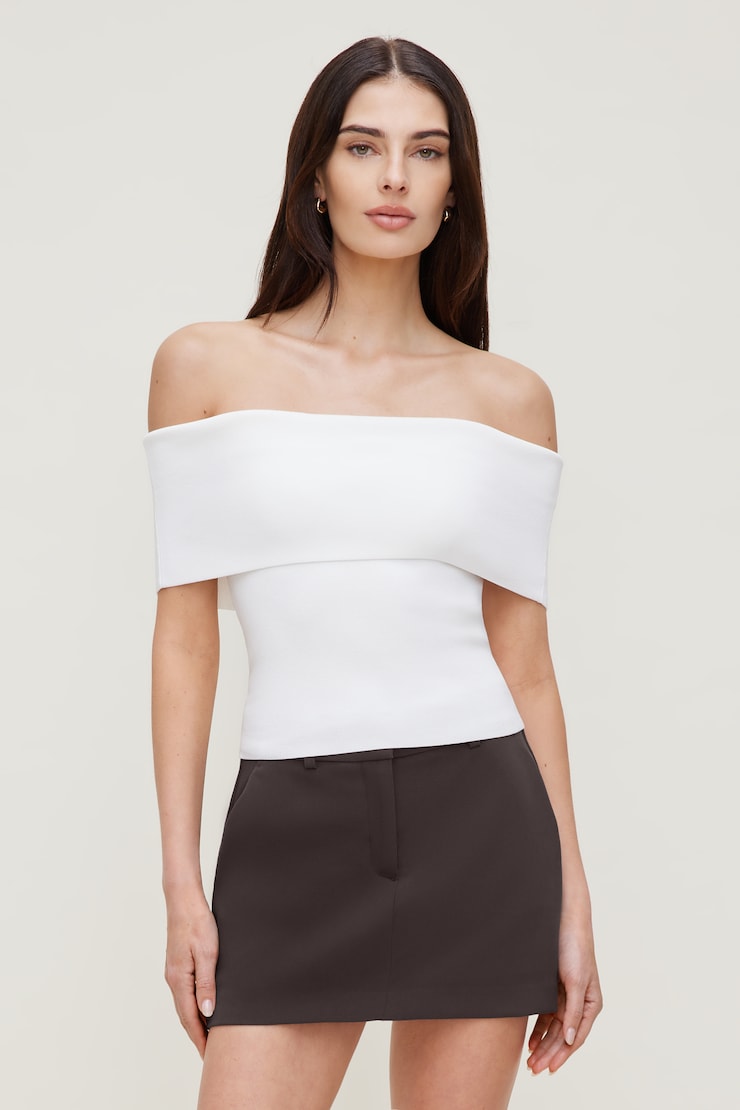 Foldover Off Shoulder Sweater - White - Women Clothing
