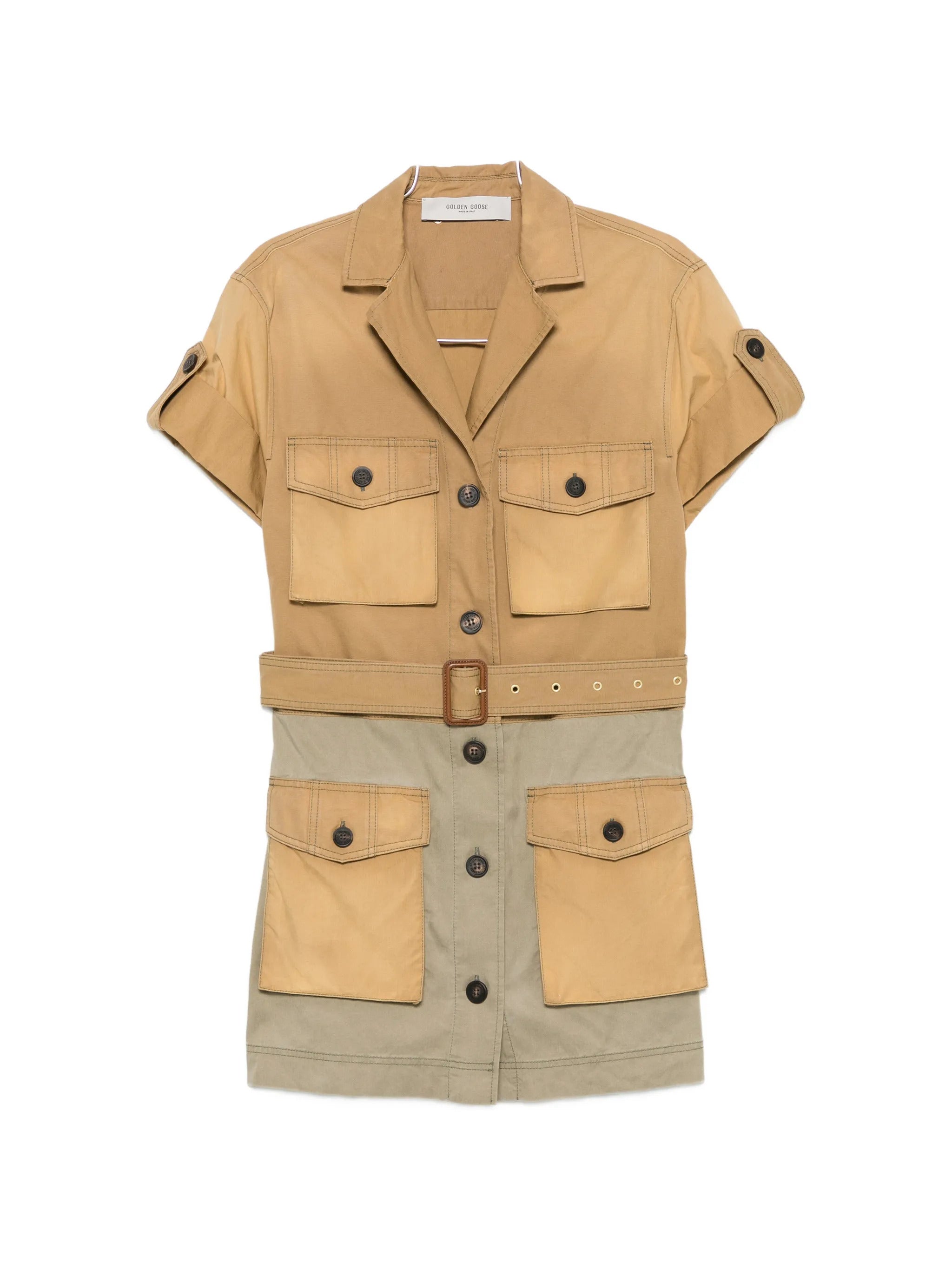Short-Sleeved Belted Dress with Button Closure