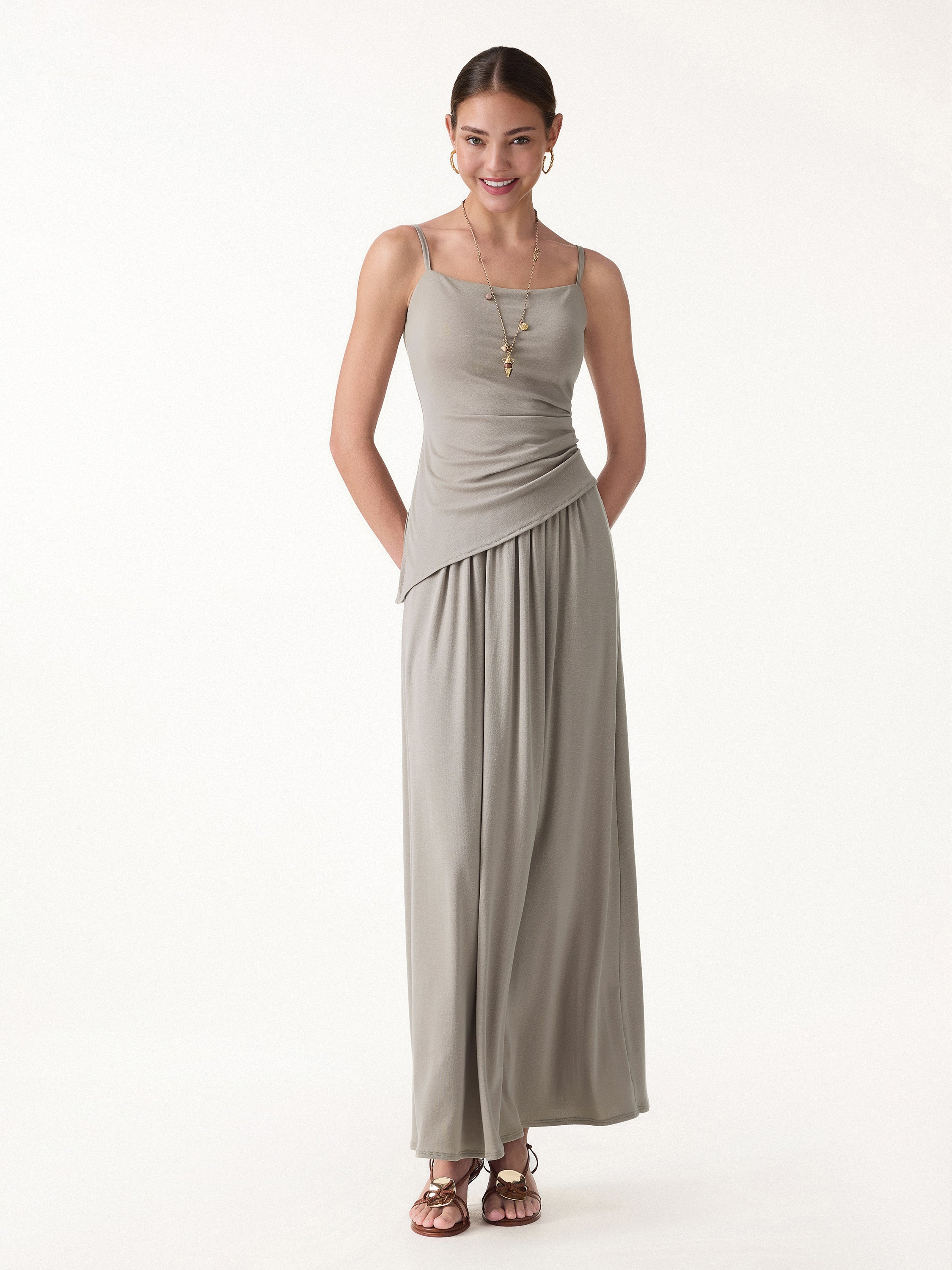 2Pcs Set Spaghetti Bra Top with Side Slit & A-Line Maxi Skirt with Pockets - Dark Alabaster / XS
