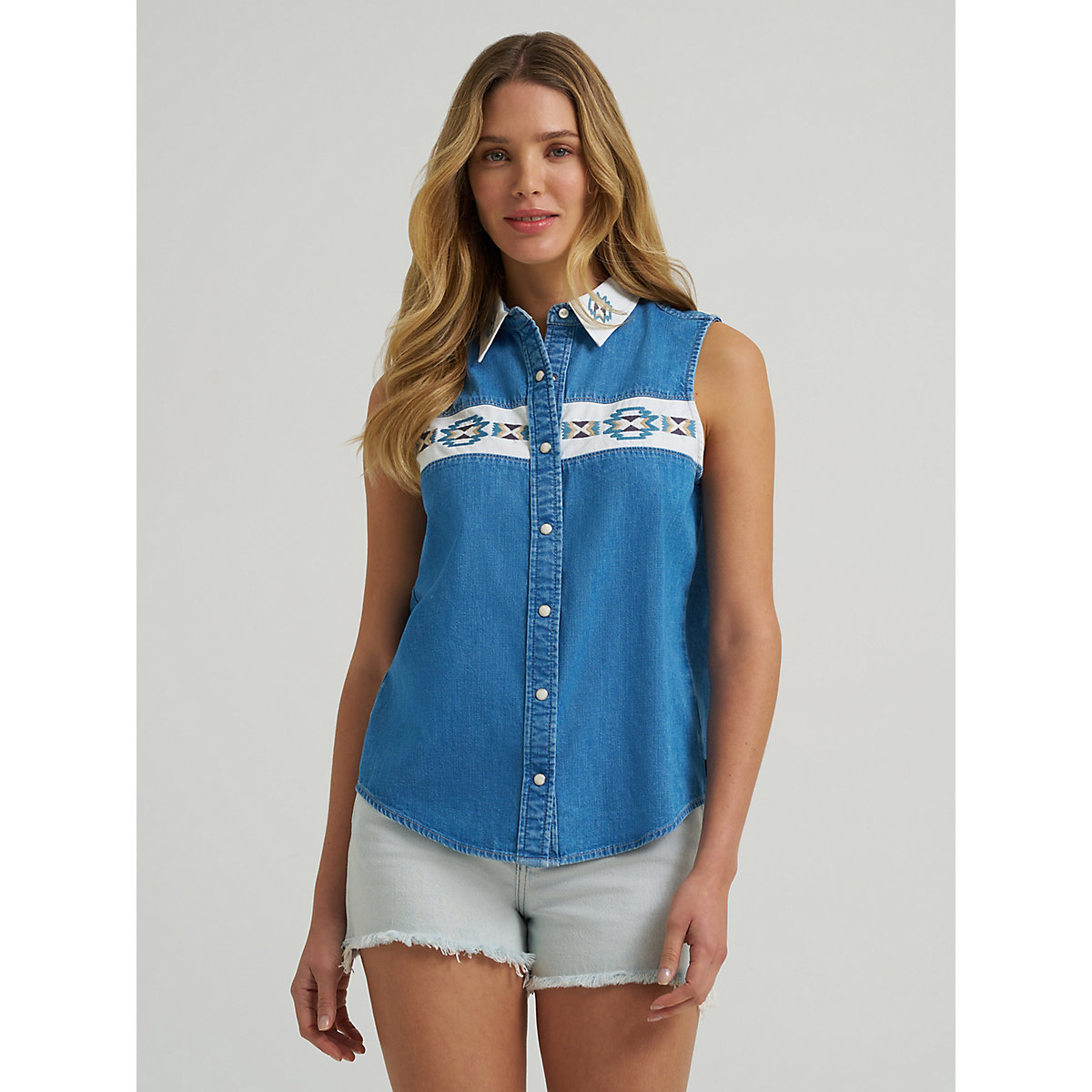 Women's Embellished Denim Sleeveless Snap Shirt in Mid Denim