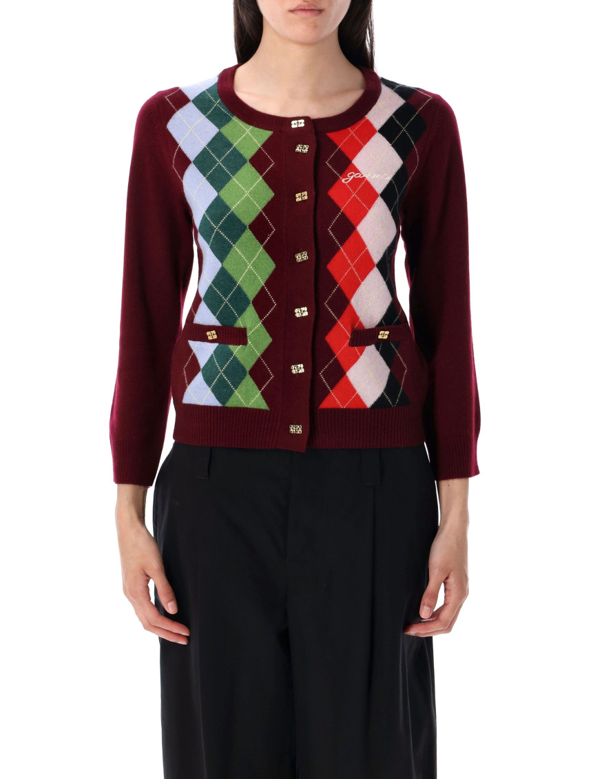 Maroon argyle-pattern cardigan