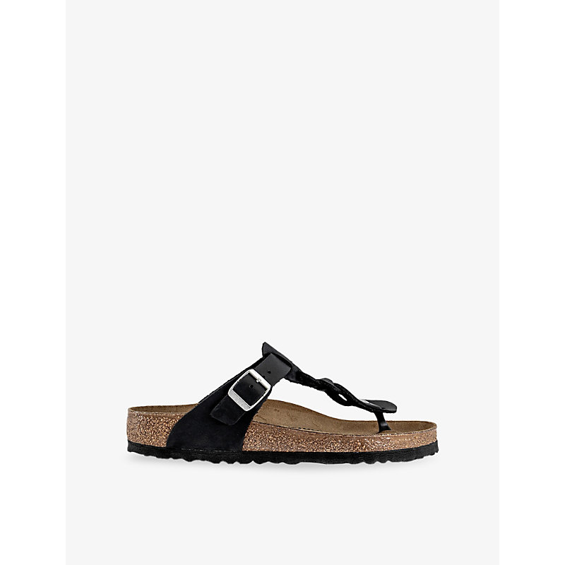 Womens Black Braided Leather Toe-Post Leather Sandals Eur