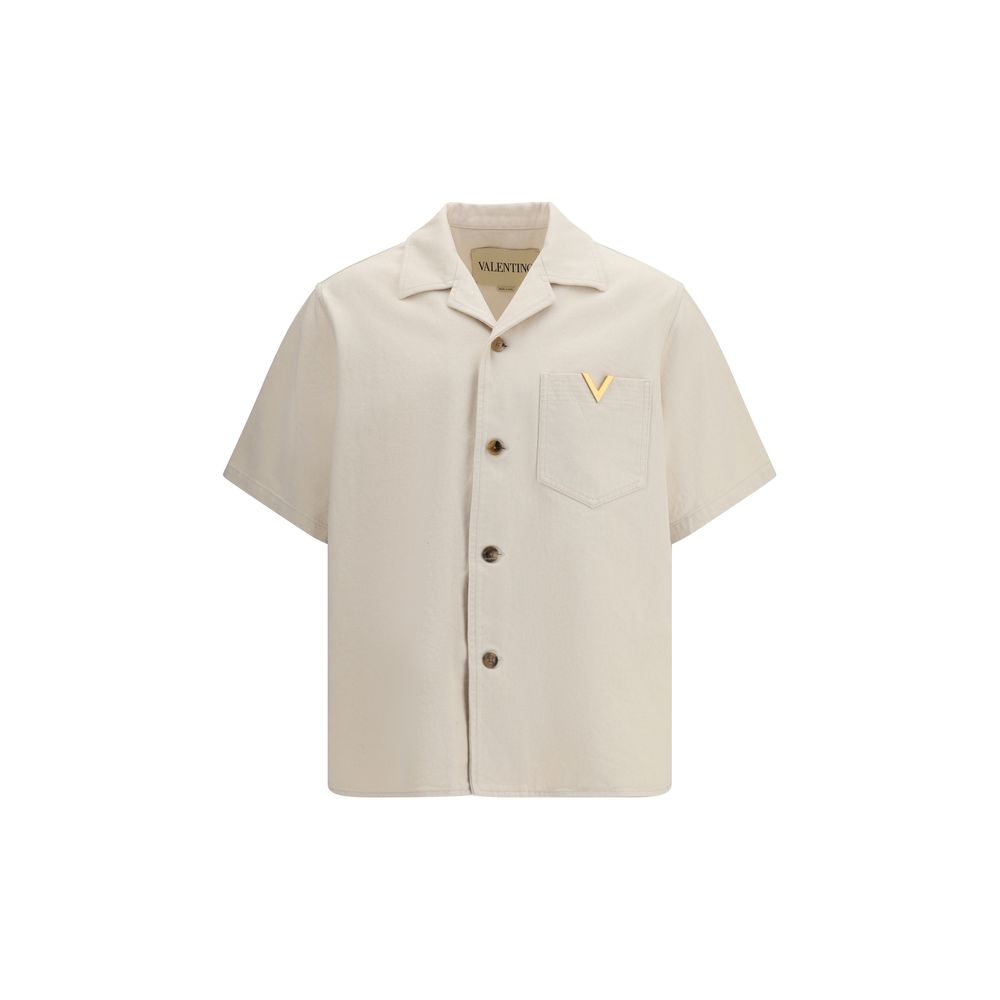 V Gold-Embroidered Cotton Shirt — Beige