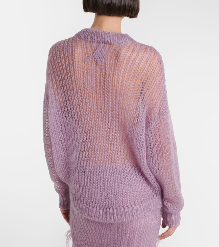 Feather-trimmed open-knit mohair-blend sweater