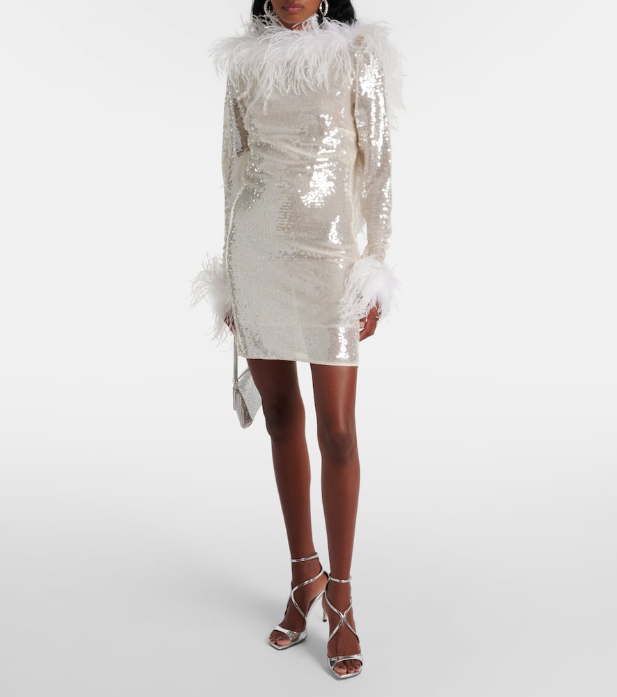 Feather-trimmed sequined minidress