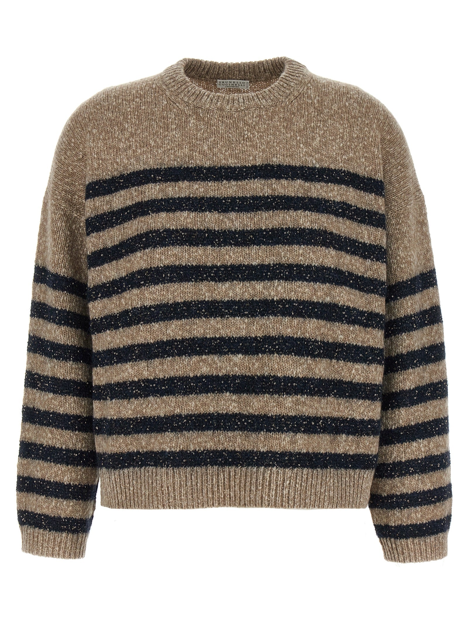 Micro-Sequin Striped Sweater — Beige